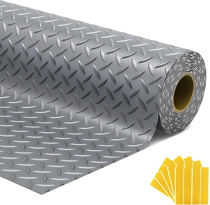7.5x18 FT Garage Floor Mat, Flooring Roll with 20Pcs Tapes, 135 sqft Diamond Plate PVC Rubber Trailer Mat, Non-Slip Floor Mat for Garage, Warehouse, Gyms, Trailer, Pickup Truck (Grey)