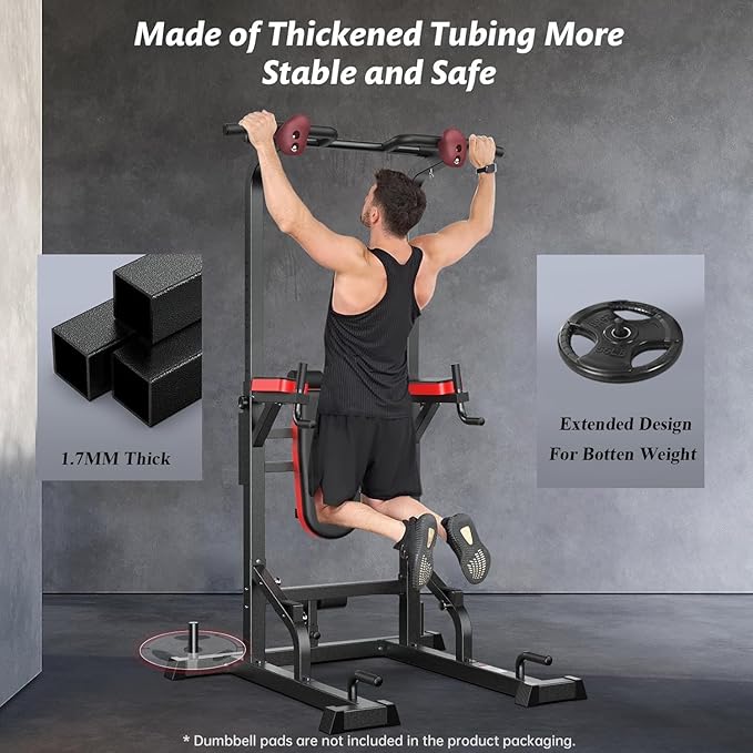 Power Tower Dip Station Pull Up Bar for Fitness Home Gym Workout,Multi-Function Adjustable Height Fitness Strength Training Exercise Equipment,with Power Elastic Ropes (Red Black)
