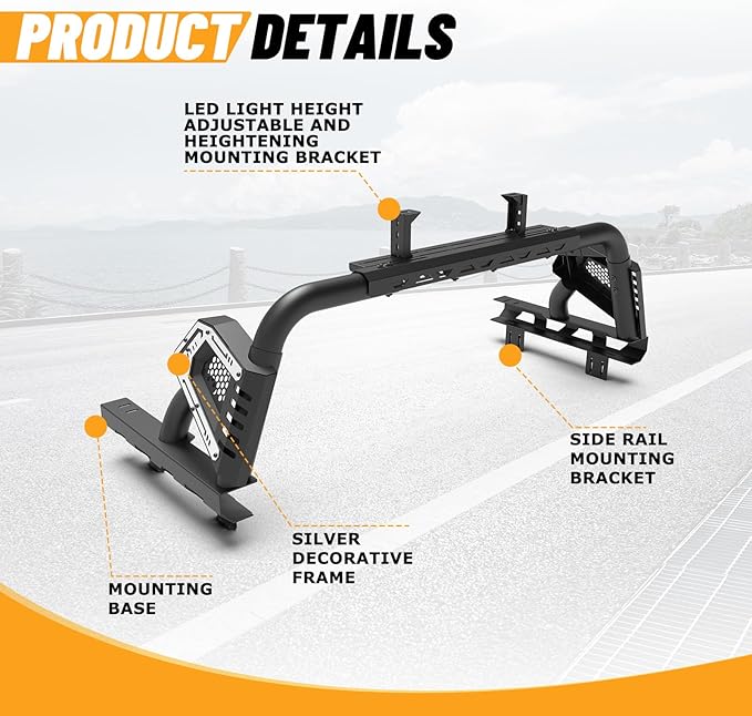 Universal Adjustable Bed Rack Roll Bar for Pickup Trucks - Compatible with Mid-Size& Full-Size Models, Q235A Carbon Steel, Powder-Coated Black Finish, Multiple Mounting Options Available