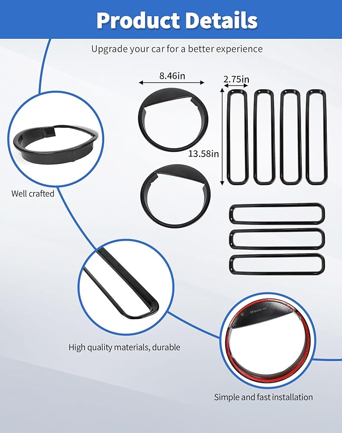 Front Grille Mesh Inserts & Angry Eyes Headlight Bezels Cover Trim Fit for 1997-2006 Jeep Wrangler TJ & Unlimited Exterior Accessories Clip-in Grille Guard Cover Headlight Bezels Trim Ring