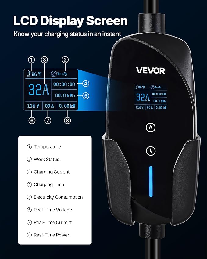 VEVOR Level 2 EV Charger, 32 Amp Adjustable Current, 240V Electric Vehicle Portable Charger with 25 ft Charging Cable, NEMA 14-50P Plug, LCD Display, Plug-in Home Car Charging Station for SAE J1772 EV