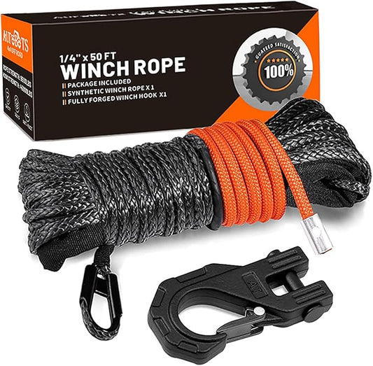 AUTOBOTS Synthetic Winch Rope 1/4" X 50 Ft，Max 9500lbs Winch Rope with Heavy Duty 3/8 Hook，Winch Cable Line for Off Road Vehicle ATV UTV Black