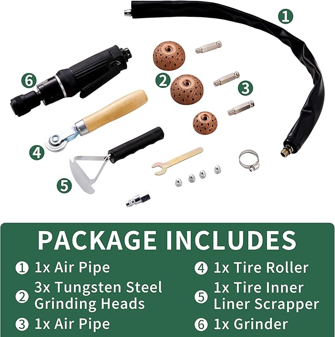 Low Speed Air Tire Buffer, Tire Buffer Full Kit Repair Polish Patch Tools with Tungsten Steel 42 mm 55mm Grinder Heads, Inner Liner Wheel Tire Polish Tire Buffing Scrapper Roller