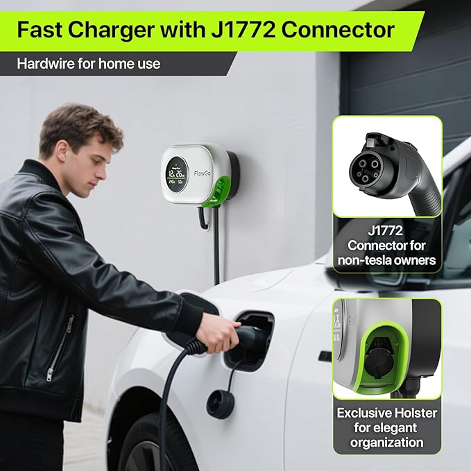 EV Charger Level 2 Hardwire 50A Smart Electric Car Home Charger Motion-Activated Display 240V with NEMA 14-50 Plug J1772 Connector 25FT Cable APP and WiFi Vehicle Charging Stations ETL Listed