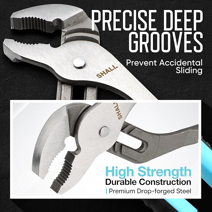 SHALL 4-Piece Groove Joint Pliers Set, 12/10/8/6 Inch Adjustable Water Pump Pliers with Cushion grip, Tongue and Groove Pliers w/Tool Roll Bag for Home Repair, Plumbing, Gripping, Nuts, Bolts