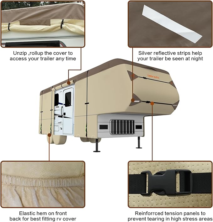Umbrauto 5th Wheel RV Cover 7 Layers Top 3 Layers Side Waterproof Camper Cover for 34' to 37' Fifth Wheel Trailer with 4 Trailer Tire Covers, Tongue Jack Cover,Gutter Cover and Extra Windproof Ropes