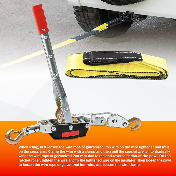 2 Ton Heavy Duty 3 Hook Steel Cable Dual Gear Power Puller Come Along Chain Winch Ratchet Tool with 3 ''Inch x 8' Foot Winch Strap, Tow Strap (30,000 BLS Capacity)