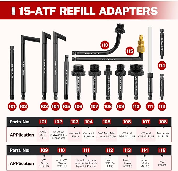 BILITOOLS Transmission Fluid Transfer Pump Air Operated, 8L (2.1 Gallons) Automatic Pneumatic Vacuum Oil Fluid Extractor Dispenser ATF Refill Kit with 15 ATF Adapters
