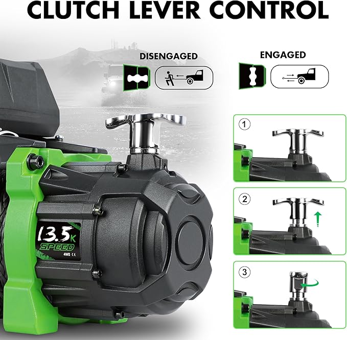 Winch 13500 lb Winch 12V Waterproof Electric Winch Synthetic Rope Winch Off Road Winches with 2 in 1 Wireless Remote for Towing Jeep Truck Off Road (Jungle EX)