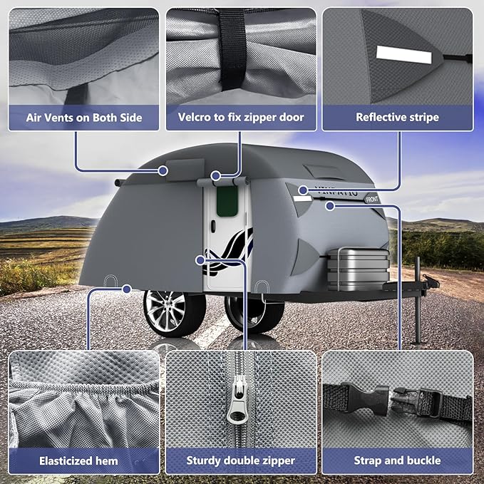 VINPATIO Teardrop Camper Cover - Fits 5'-8' Trailers, 7 Layers Top Heavy Duty with Windproof Strap, RV Cover