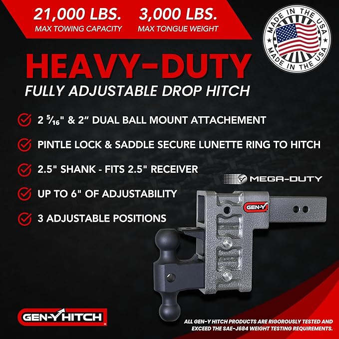 GEN-Y Hitch Tow Hitch for 2.5" Receiver | 6" Drop - 3 Adjustable Positions | 21k LBS Towing Capacity | 3k LBS Tongue Weight | Includes Dual Ball-Mount Attachment, Pintle Lock, 2 Locking Pins, Silver