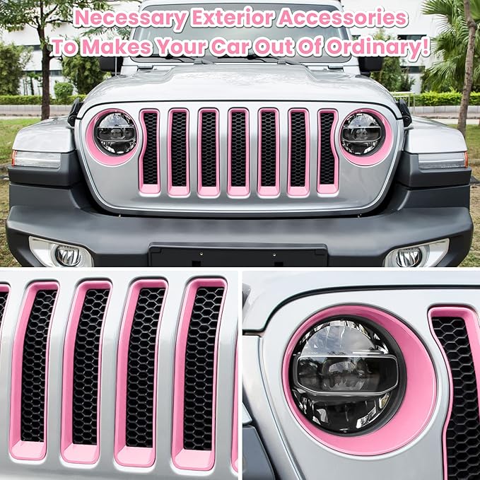Front Grille Mesh Inserts & Headlight Cover for Jeep Wrangler JL JLU Sport & Sport S Only 2018-2023 Exterior Accessories Clip-in Grille Guard Cover Headlight Bezels Trim Ring (Pink 9PCS)