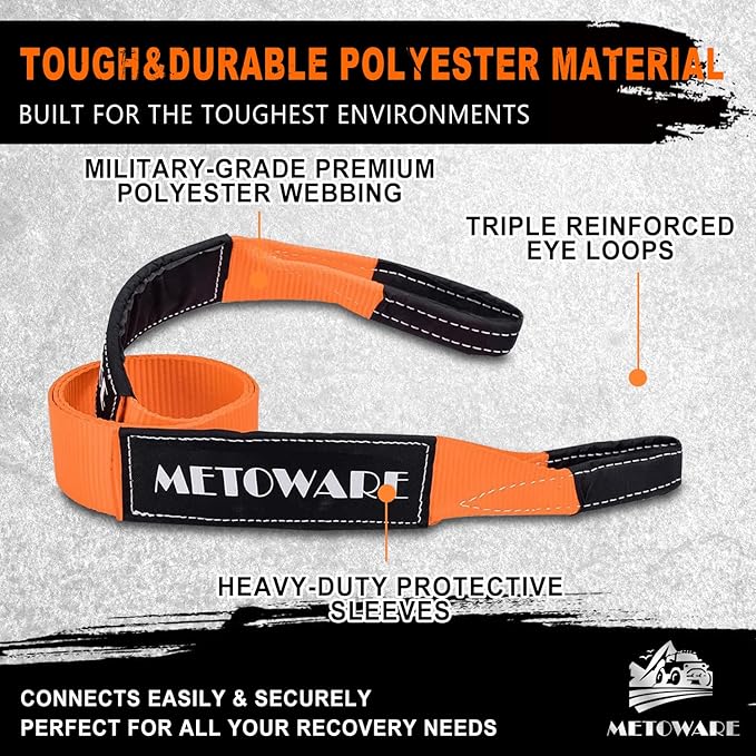 METOWARE Tree Saver Tow Strap 3'' × 8ft Recovery Strap, Heavy Duty Tow Straps with 35,000 lb Capacity, Triple Reinforced Loop Straps, Emergency Off Road Towing Rope, Extreme Water-Resistant (Orange)