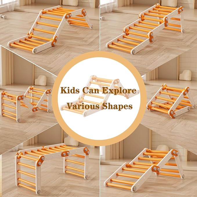 Toddler Climbing Toys,Kids Pikler Triangle Set,Montessori Indoor Play Gym,Multifunction Foldable Indoor Climbing Gym for Kids(Orange)
