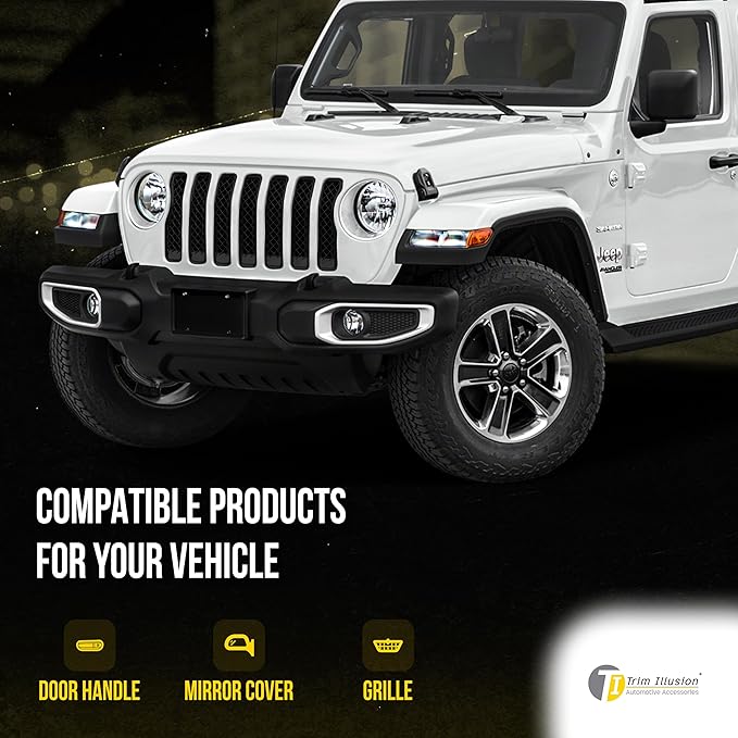 Gloss Black Chrome Delete Front Grille | Car Grille Cover | Grille Insert | Trim Overlay | Compatible with 2018-2023 Jeep Wrangler | ABS6495BLK