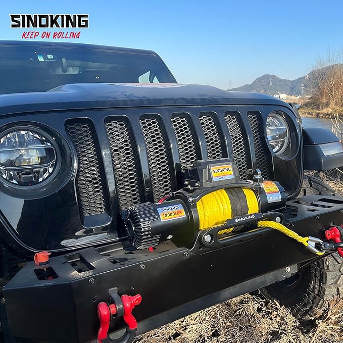SINOKING 12V Electric Winch 12000 lb. Waterproof Synthetic Rope Offroad Winch with Wireless Remote Control for 4WD Vehicle