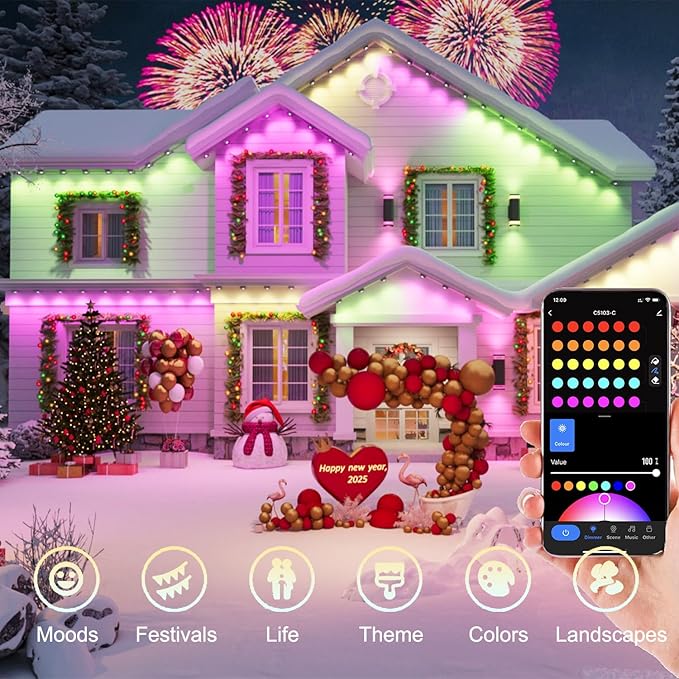 100Ft Permanent Outdoor Light with 72 LED Lights, RGB+IC Eaves Lights,Color-Changing Waterproof Lights with 63 Scene Modes,APP & Voice Control,for Christmas, Halloween, Parties, and Holiday Décor