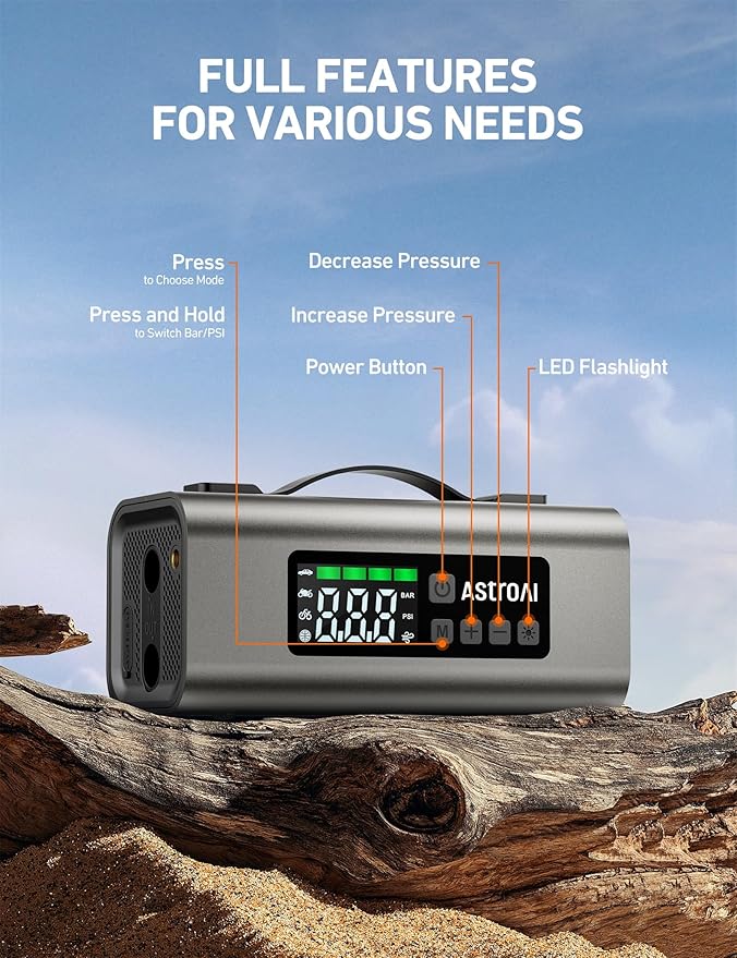AstroAI Portable Jump Starter with Air Compressor 150PSI, 2500A Car Battery Jump Starter Pack Up to 7.5L Gas & 5.0L Diesel Engine, UL Certified, 12V Jump Box Car Battery with LCD Display, Lights