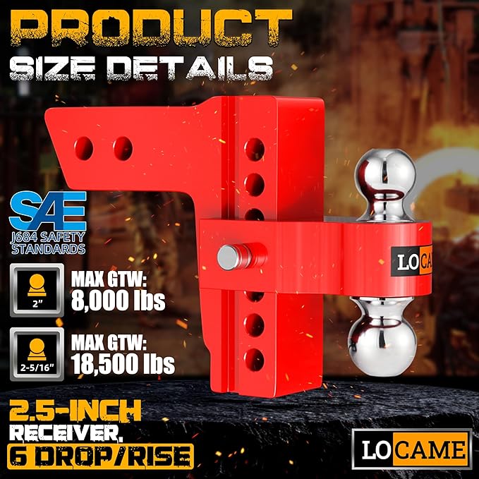 LOCAME Adjustable Trailer Hitch, Fits 2.5-Inch Receiver Only, 6-Inch Drop/Rise Aluminum Drop Hitch,18,500 LBS GTW-Tow Hitch for Heavy Duty Truck with Double Stainless Steel Locks, Red