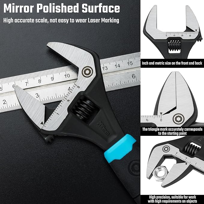 DURATECH 8-Inch Adjustable Wrench, Wide Jaw Opening Plumbing Wrench, CR-V Steel, SAE and Metric Scale Marked, Ergonomic Grip
