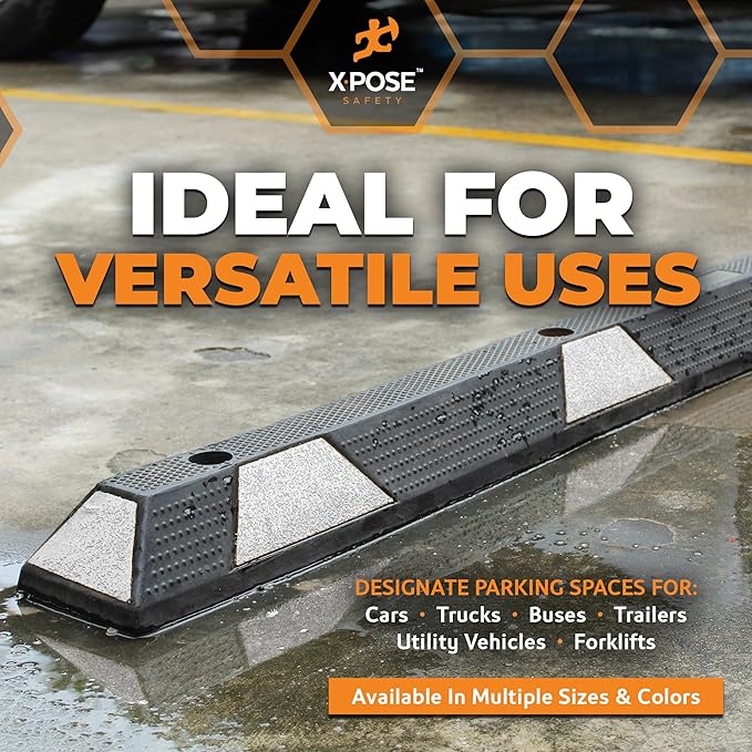 Xpose Safety 72" Heavy Duty Rubber Parking Stopper – 2 Pack Wheel Blocks for Garage, Driveway, or Ramp – Car Bumper Stop with White Reflective Strips – Removable Floor Mount