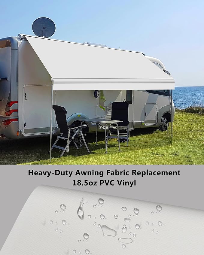 RV Awning Fabric Replacement, 18.5oz Heavy-Duty Weatherproof Vinyl Camper Awning Replacement Universal Outdoor Canopy for RV, Motorhome, Trailer Awnings (White, 19'(Fabric 18'2"))