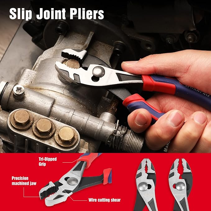 WORKPRO 4-Piece Pliers Set - Premium CR-V Construction Tool Set Including Long Nose, Diagonal Cutting, Groove Joint and Slip Joint Pliers - Red