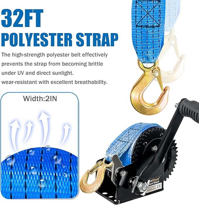 1200lbs Heavy Duty Boat Trailer Winch,Hand Winch with 33ft Blue Polyester Strap,4:1Gear Portable Winch with Hook,Two Way Ratchet and Two Speed Switchable for Boat Jet Ski Trailer