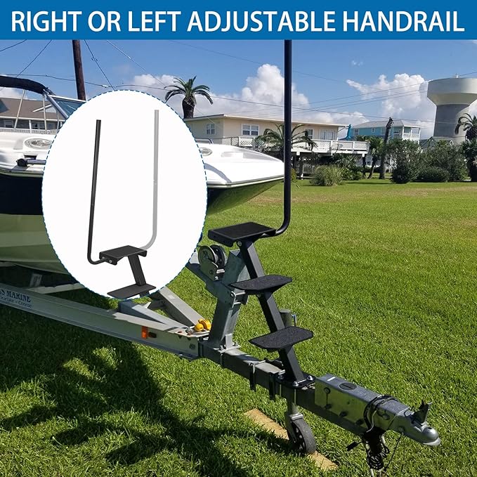 Boat Trailer Step, Heavy Duty Steel 2 Steps Ladder for Boat Trailer Tongue with Left or Right Adjustable Handrail, 450lbs Capacity, Black
