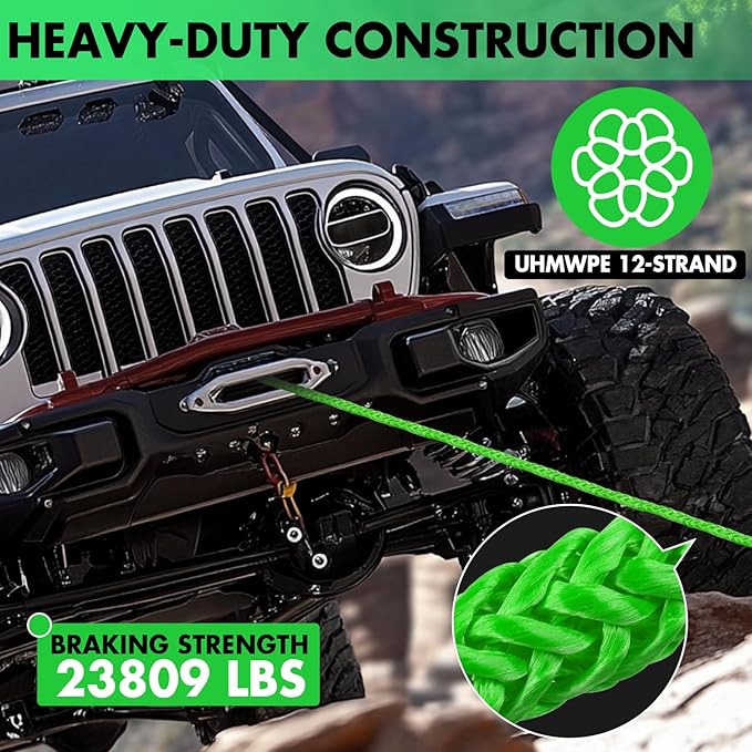 Synthetic Winch Rope, 3/8'' x 85ft 25,000LBS Synthetic Winch Line 3/8 Winch Cable Replacement Synthetic Rope with Forged Winch Hook for 4WD Off Road Vehicle SUV Truck(Green)