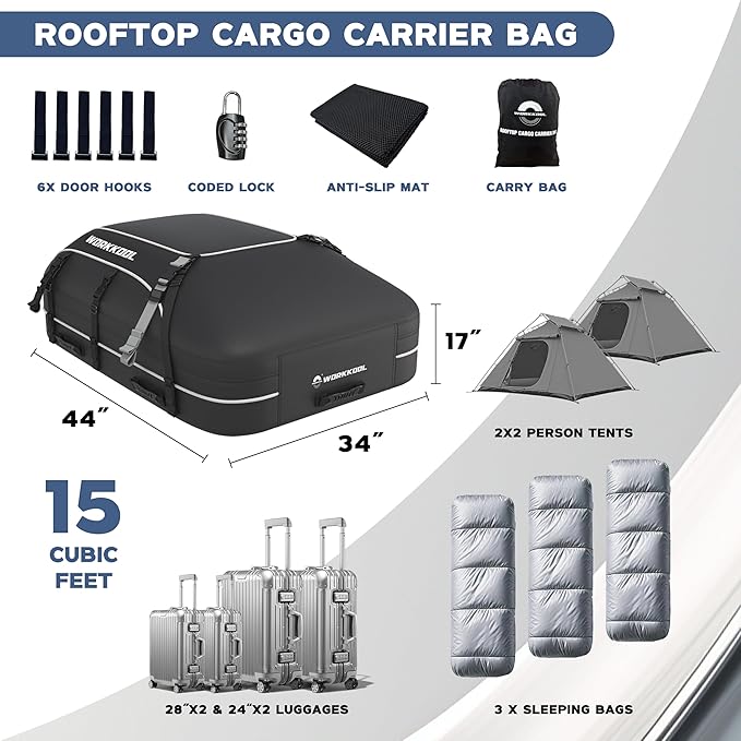 Rooftop Cargo Carrier Vehicle Soft-Shell Carriers, Heavy Duty Car Roof Bag Waterproof Without Rack, Car Topper Luggage Carrier-with 6 Hooks,Mat&Coded Lock(15 Cuft)