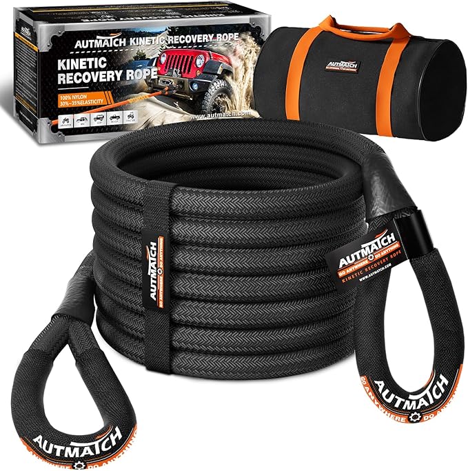 AUTMATCH Kinetic Recovery Tow Rope 1" x 30FT - Heavy Duty Energy Recovery Tow Rope 48000Lbs, 35% Elasticity Offroad Snatch Strap for 4x4 Off-Road Vehicle, Truck, Trailer, ATV, UTV, Black