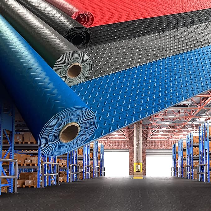 Boshen 5x17FT Garage Floor Mat, 2.5mm Thickened Diamond Plate PVC Rubber & Vinyl Flooring Roll, 85 SQFT Non-Slip Rubber Garage Mat for Floor Under Car Protection - Grey