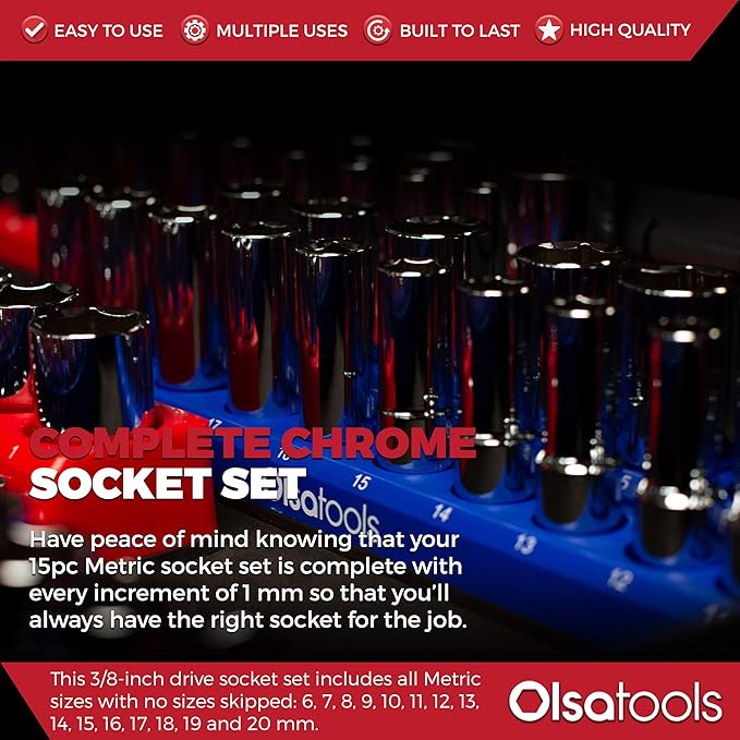 Olsa Tools Metric Shallow Socket Set - 3/8-Inch Drive, 15pc - 6-Point Chrome Sockets from 6mm–20mm and No Skipped Sizes - Mechanic Shallow Metric Socket Set - Professional Grade Sockets - Part: 1331