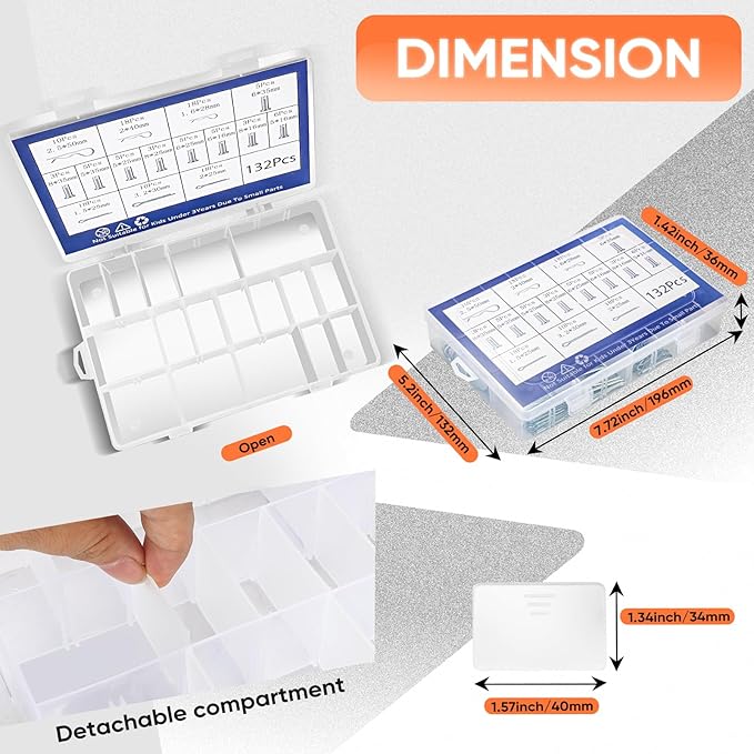 132Pcs Hitch Pin,15 Sizes Hardware Cotter Pins Clip Assortment Kit - 304 Stainless Steel R Hairpin Cotter Fastener Clip Suitable for Truck and Engine Maintenance, Hanging Needle Lock System