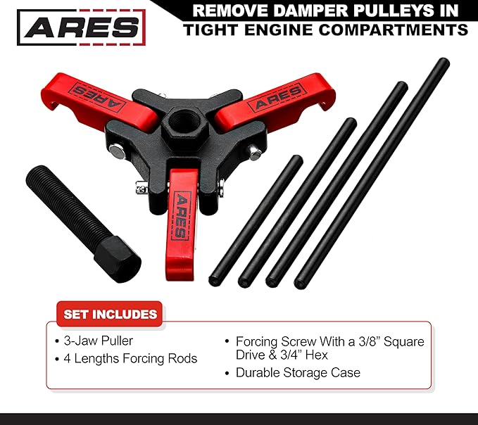 ARES 71002 - Harmonic Balancer Puller Kit - Adjustable 3-Jaw Puller Fits Most Late Model Automobiles & Trucks - Remove Damper Pulleys in Tight Engine Compartments Without Removing The Radiator