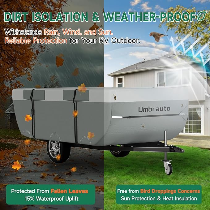 Pop Up Camper Cover Fits 14-16ft Tent Trailer: Umbrauto Upgraded 7 Layers Top Pop-Up Trailer Cover Waterproof, Breathable Ripstop Sun-Protection Windproof