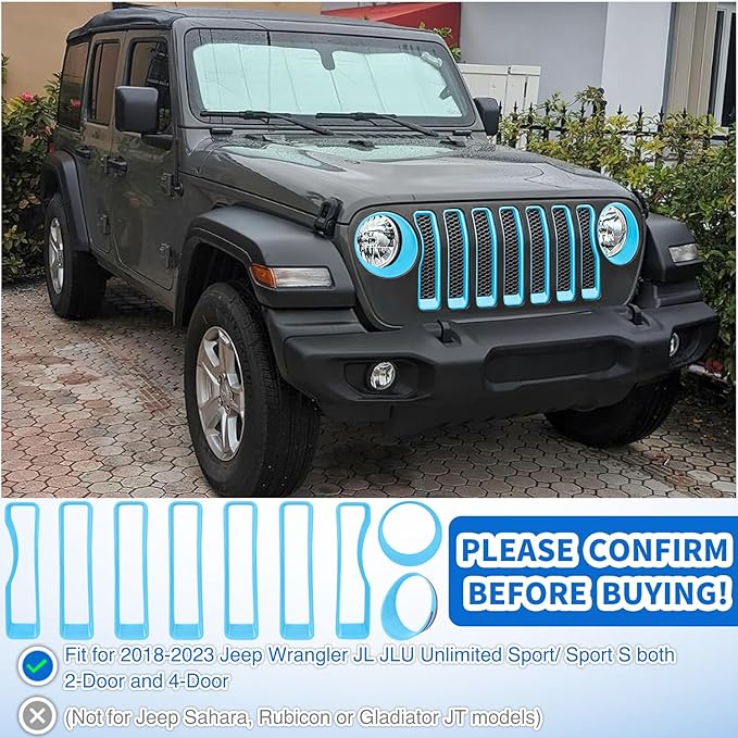 Nilight Grill Inserts fit for Jeep Wrangler Front Grille Inserts Headlight Cover Set for JL JLU Unlimited Sport SportS 2018 2019 2020 2021 2022 2023 Grille Bezels Trim Exterior Accessories Blue 9 Pcs