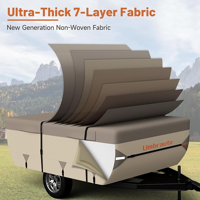 Umbrauto Pop Up Camper Cover for 10'-12' Folding Tent Trailer – 7-Layer Top, 3-Layer Side, Waterproof, Windproof, Sun-Resistant, Heavy-Duty Cover for All-Weather Protection