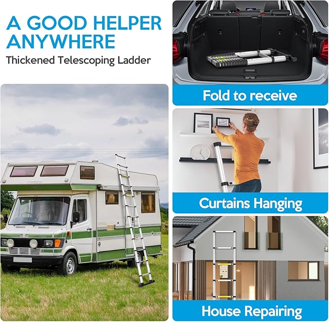 15.5FT Telescoping Ladder, Collapsible Ladder with Bottom Stabilizers, Slow Descent, One-Click Retraction to Protect Finger，Suitable for RV or Outdoor Work