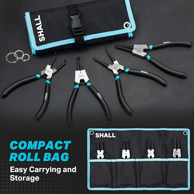SHALL 4PCS Snap Ring Pliers Set, 7-Inch Internal External Circlip Pliers, Straight Bent C-clip Pliers Lock Ring Pliers, 5/64" Tip, Heavy Duty Reverse Pliers for Ring Remover Retaining w/Portable Pouch