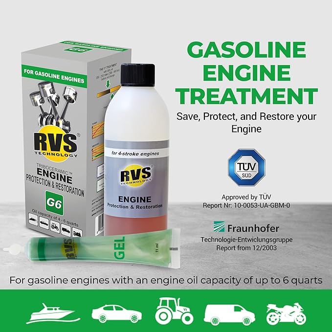 G6 Engine oil Treatment; For Gasoline Engines with a Motor oil capacity up to 6 quarts; Save fuel, Boost Power and Safely Restore and protect your Car, Truck, and all other engines
