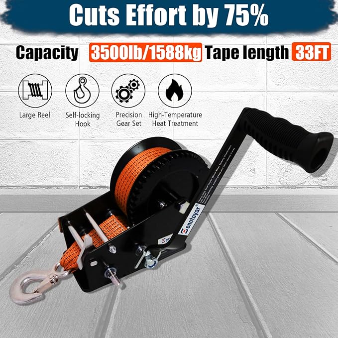 Heavy Duty Boat Trailer Winch,HandCrank Winch 3500lbs Capacity with 32FT Strap,2-Way Ratchet 4:1/8:1 Gear Switchable Hand Crank Winch for Boat,Trailer,Truck,RV,ATV and Jet Ski