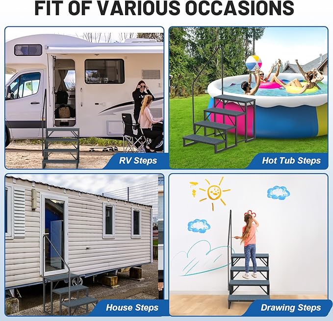 RV Steps Spa Steps with Handrail - 4 Step Hot Tub Steps Trailer Steps Mobile Home Stairs for 5th Wheel RV, Trailer, Hot Tub, Pool, Porch with Non-Slip Mats