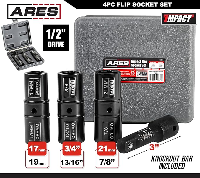 ARES 70056-1/2-inch Drive 4-Piece Flip Lug Nut Socket Set - Includes 17mm, 19mm, 21mm Metric Sizes & 3/4-Inch,13/16-Inch, 7/8-Inch SAE Sizes - Impact Grade Chrome-Moly Steel Ensures Lifetime Use