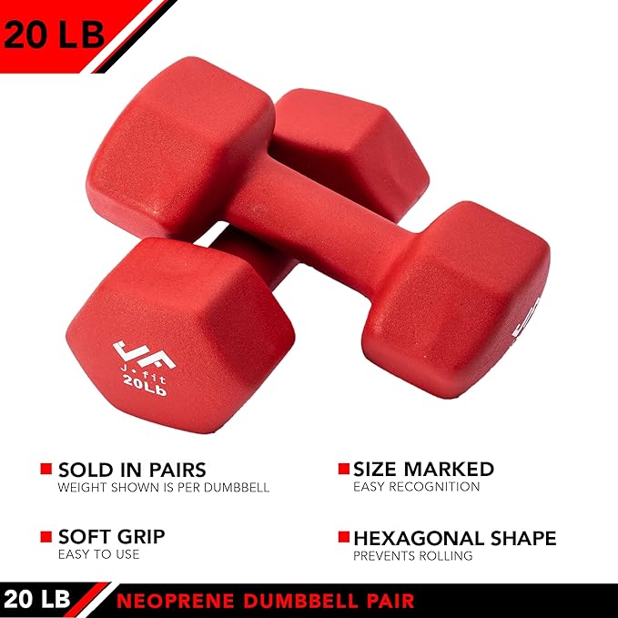 JFIT Dumbbell Pairs or Sets – Neoprene & Vinyl Coated Hand Weights for Home Gym, Strength Training, Aerobics, Cardio Exercise and Fitness