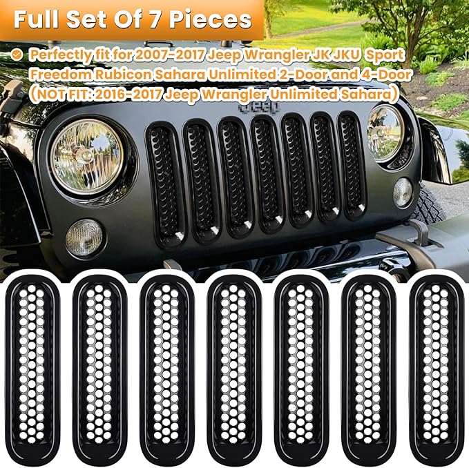 7PCS Front Grill Mesh Inserts for Jeep Wrangler JK JKU Unlimited 2007 2008 2009 2010 2011 2012 2013 2014 2015 2016 2017 2018 Grille Guard Cover Trim Clip-in Exterior Accessories (Glossy Black)