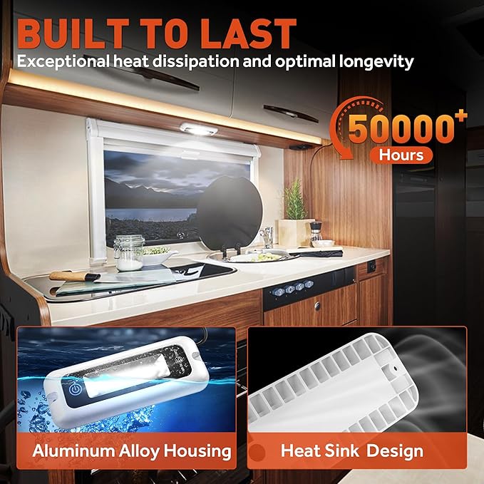 6 Inch RV Lights Interior with Smart Touch Control, LED Utility Awning Light White 6000K, IP68 Waterproof Aluminum for RV Trailers Travel Campers Cabinet SUV Truck MPV Hallway