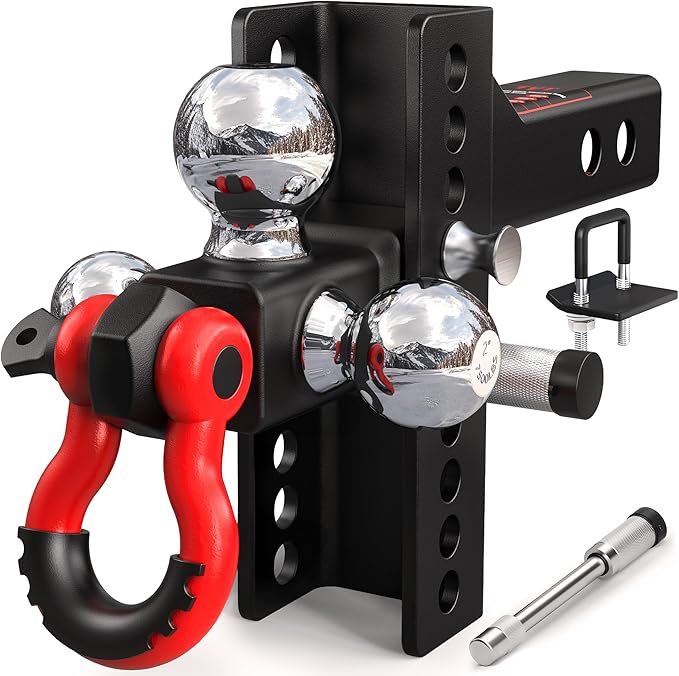 TYT Adjustable Tri-Ball Trailer Hitch for 2 inch Receiver, 4.5" Drop/Rise, Triple Balls (1-7/8", 2", 2-5/16") with Shackle , 10,000 lbs GTW, 1,000 lbs TW ,Pin Lock & Hitch Tightener