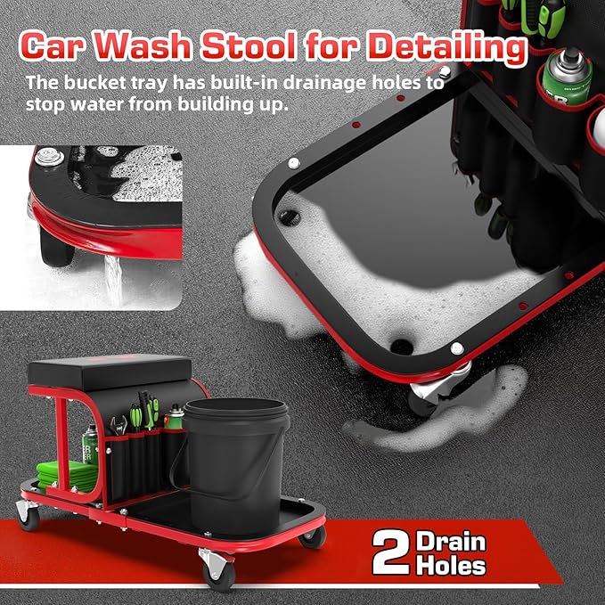 Rolling Shop Stool Chair with Wheels, Mechanic Garage Stool on Wheels, Auto Car Detailing Stools Seat with Tool Tray Storage for Garage Work, Workshop, Home, Garden, DIY, 300 LBS Capacity,Red